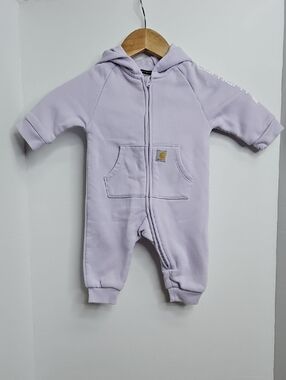 Carhartt Lilac Purple Hooded Baby One-Piece Zip Fleece Romper Sz 3Mos